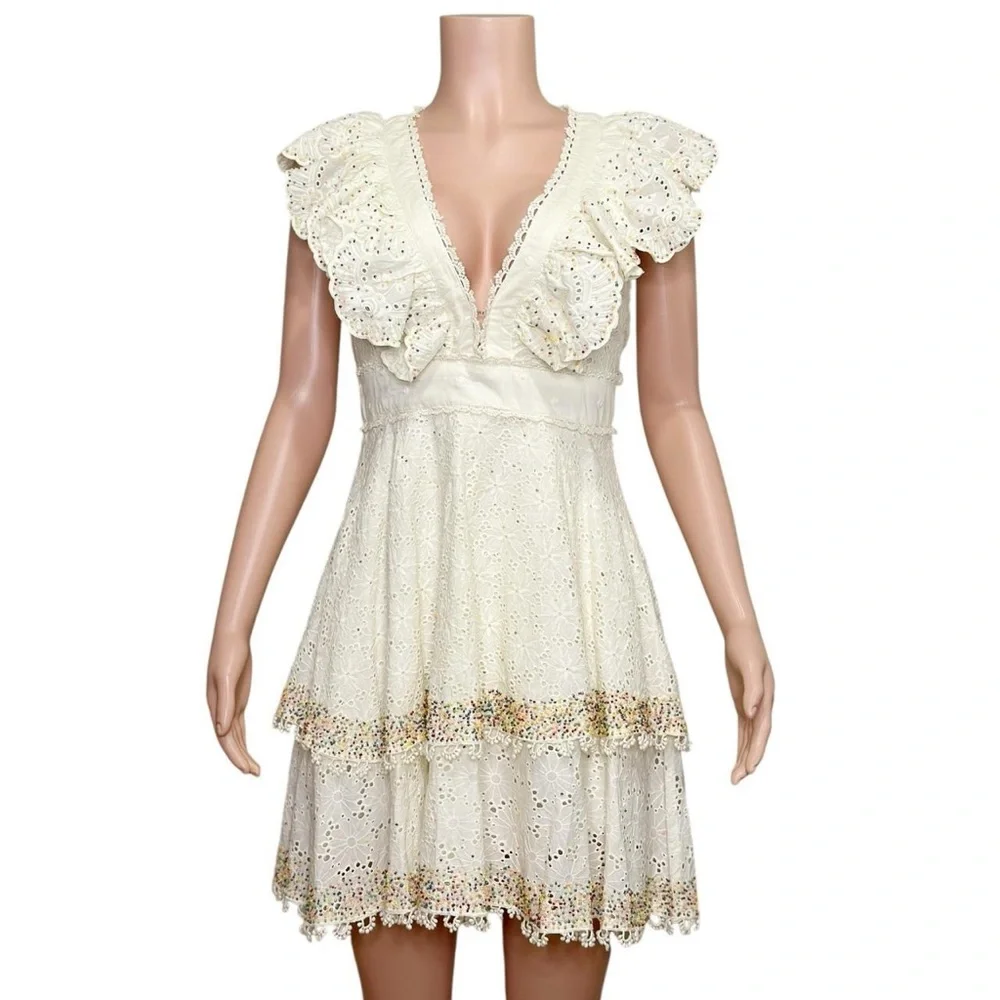 FARM RIO Eyelet Beaded Mini Dress, Off White, XS - Picture 10 of 15